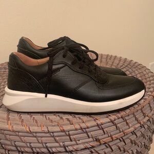 DONATED Clarks black leather sneaker, snake print heel detail. Excellent cond.